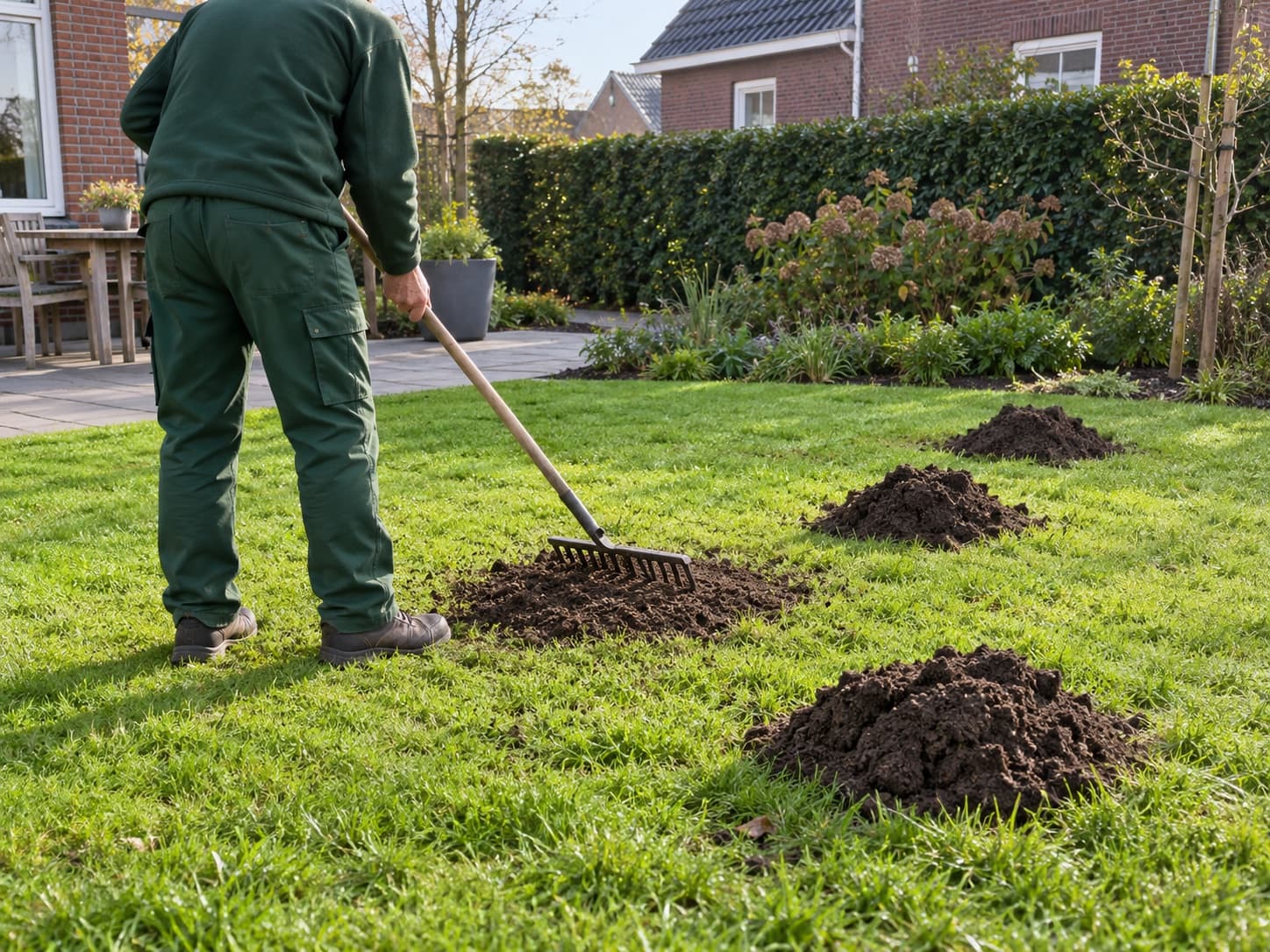 Hovenier in een groen werkpak harkt een molshoop uit in een gazon achter een woning, met nog drie molshopen in het gras. Deze afbeelding is met AI gemaakt.