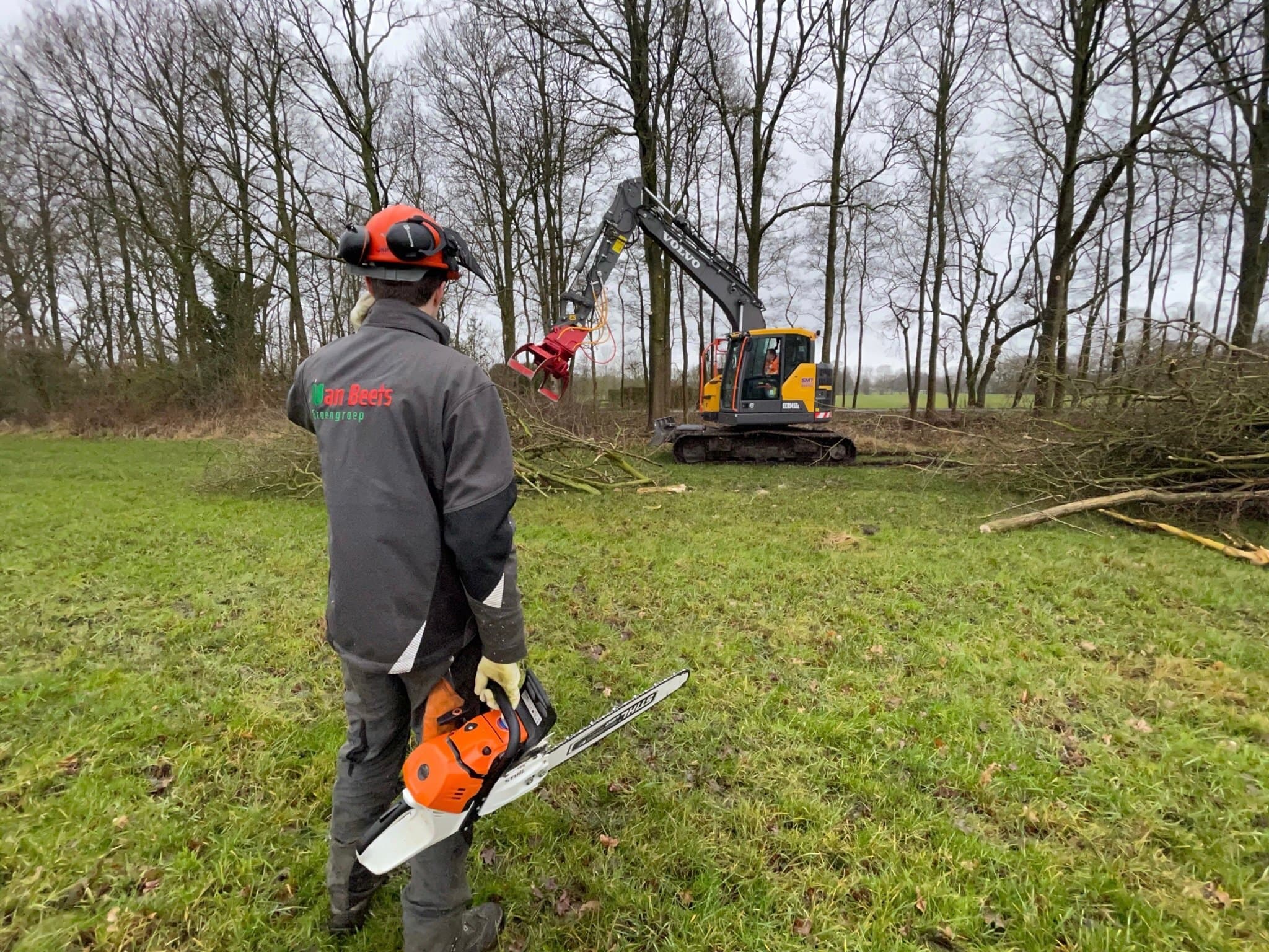 Boomverzorger met kettingzaag en helm kijkt toe hoe een rupskraan met sorteergrijper gerooide takken opruimt in een weiland